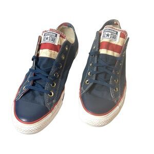 Converse All Star Skate Shoe Men 7 Blue Red Cream Striped Tongue Low Top Lace Up